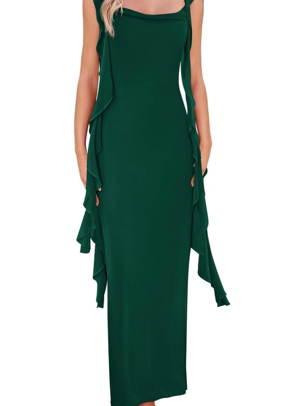 Elegant Dark Green Ruffle-Accent Maxi Dress